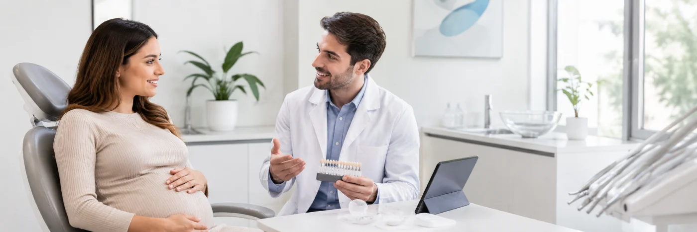 Pregnant patient discussing teeth whitening with a dentist